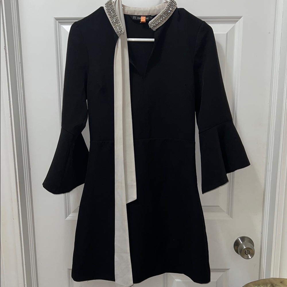 Black Dress with Ivory Scarf and Embellished Collar